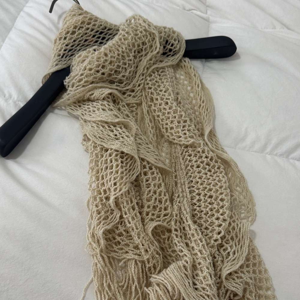 Cream, Beige Knit Fringe Scarf and Shawl